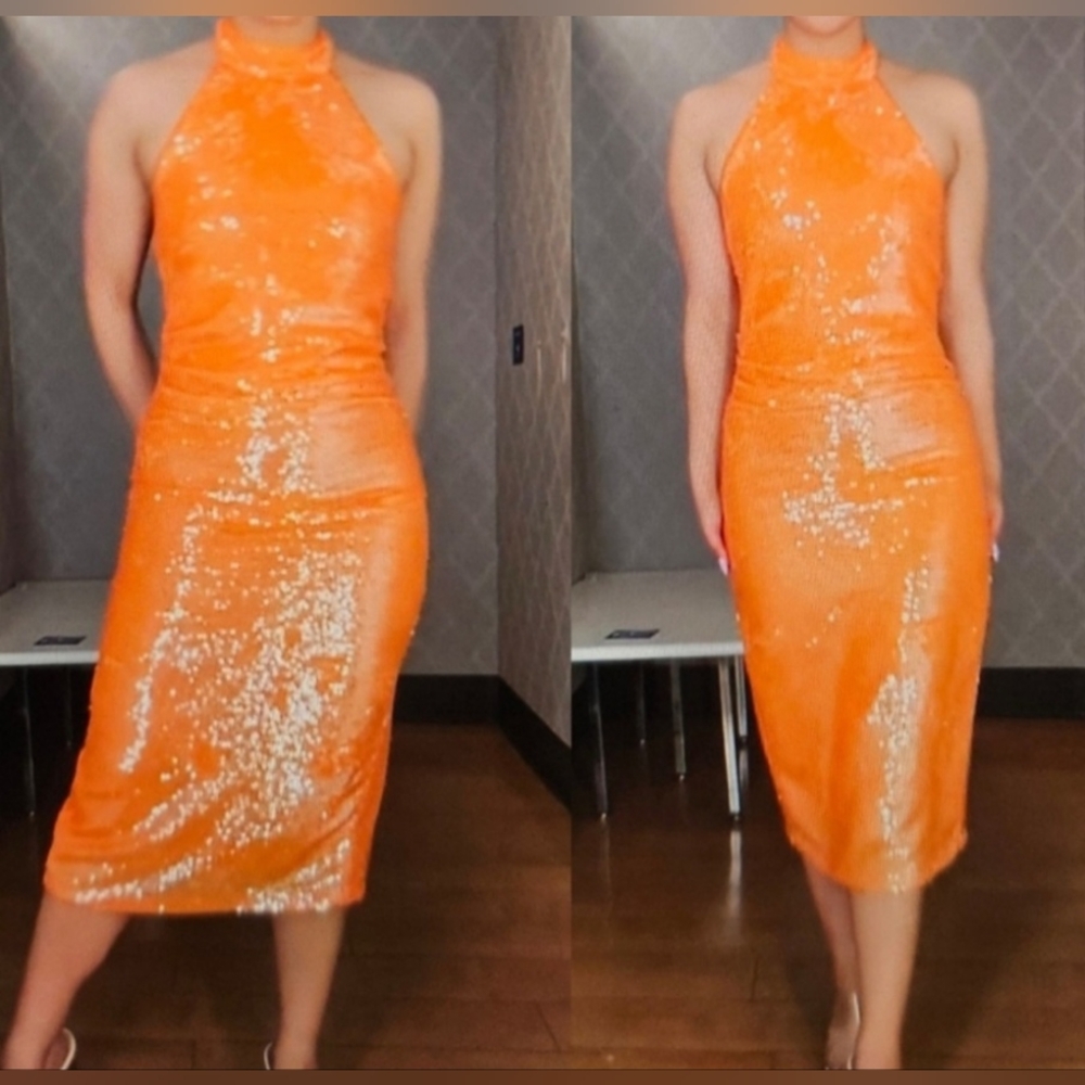 New Caroline Constas Sequin Halterneck Orange Midi Dress NWT Small